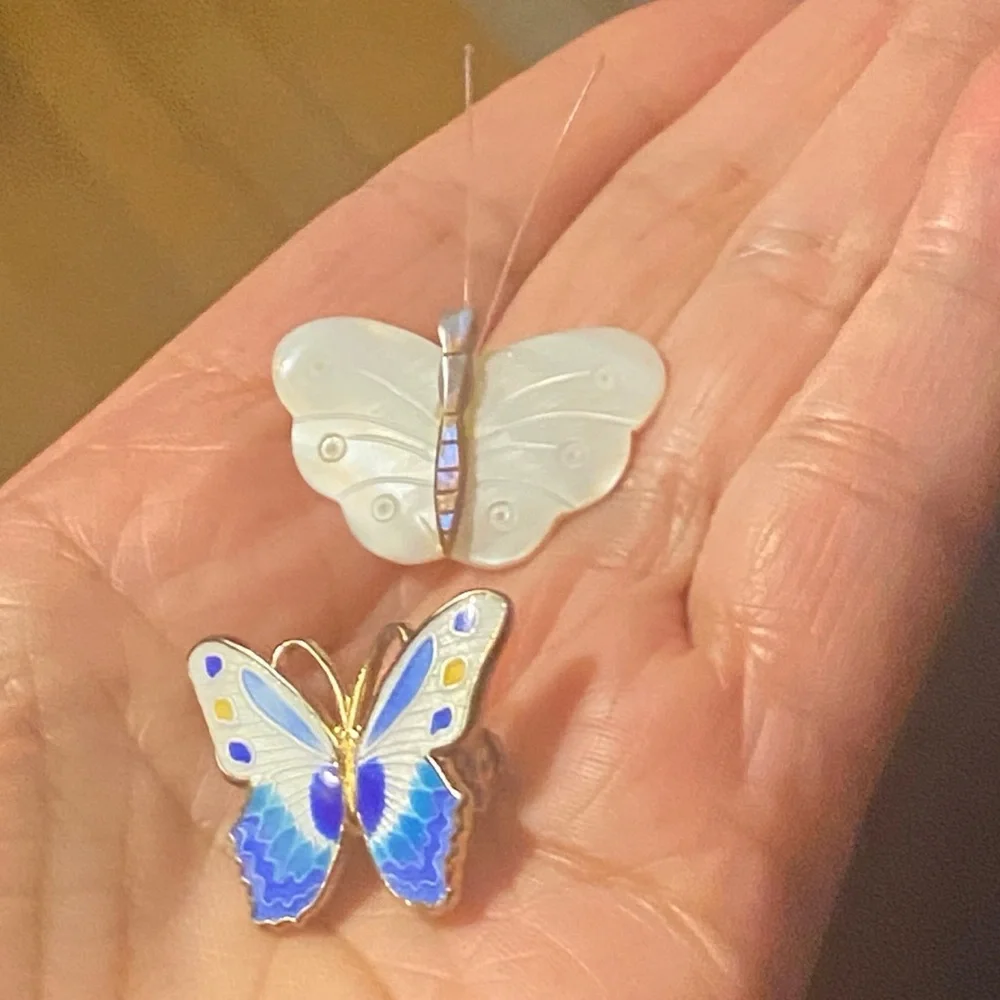 Vintage Set of 2 Butterfly Brooch Gold Metal & Enameled Mother-Of-Pearl